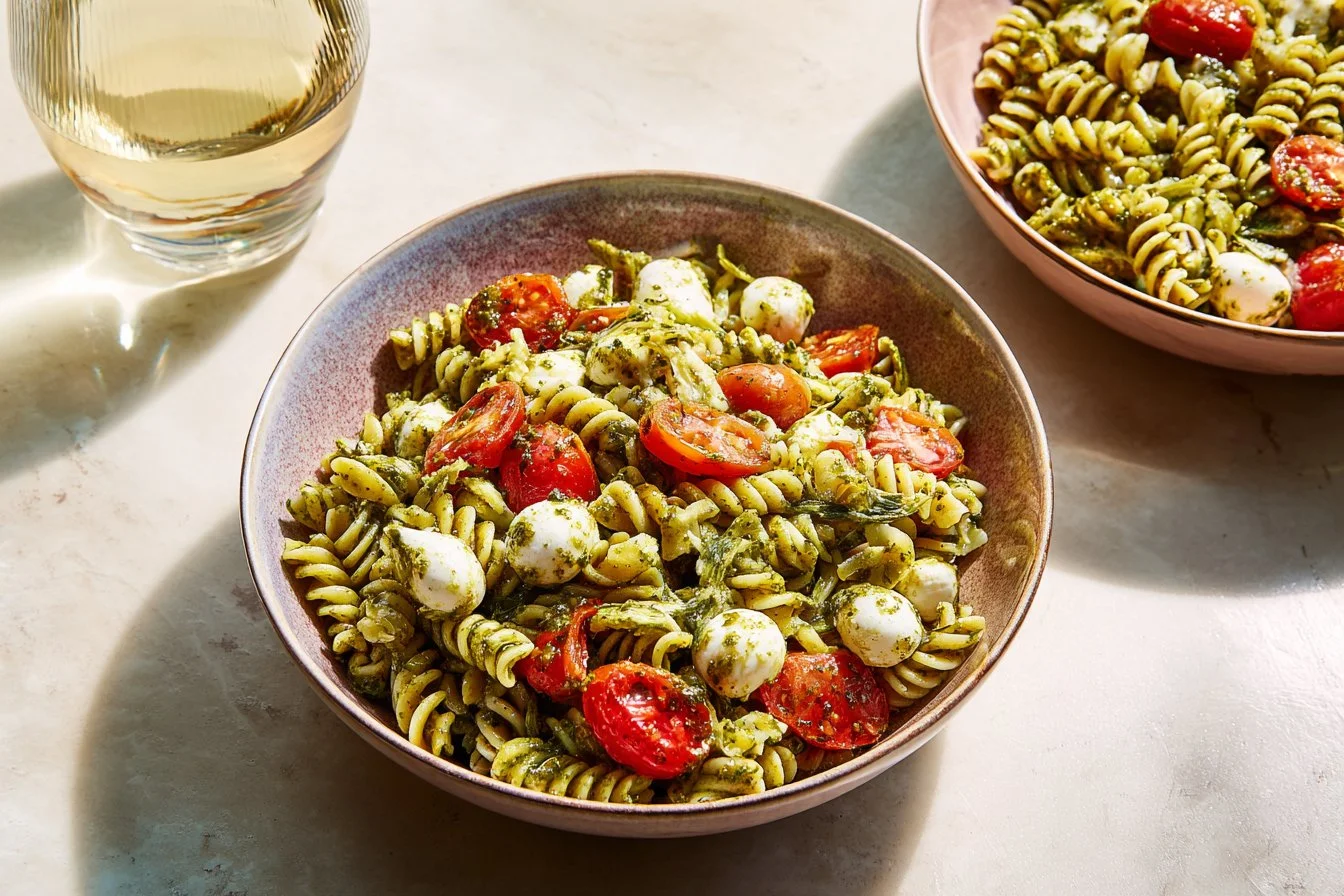 A vibrant pesto pasta salad with fresh vegetables and herbs.