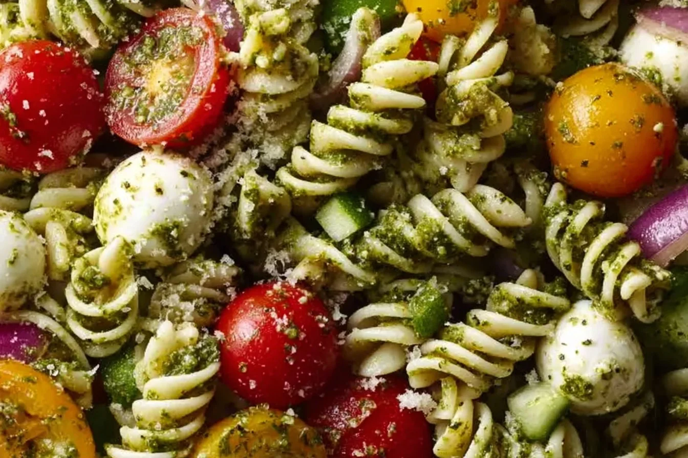 Delicious pesto pasta salad with fresh vegetables and herbs