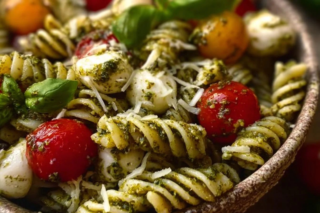 PESTO PASTA SALAD with TOMATOES & MOZZARELLA!😍