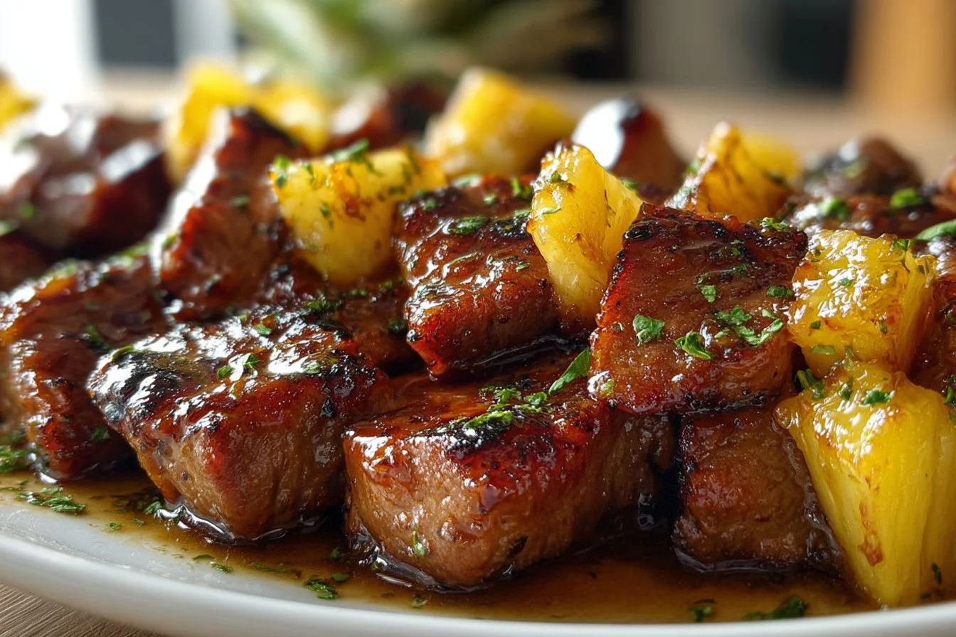 Pineapple BBQ pork skewers grilling on barbecue grill