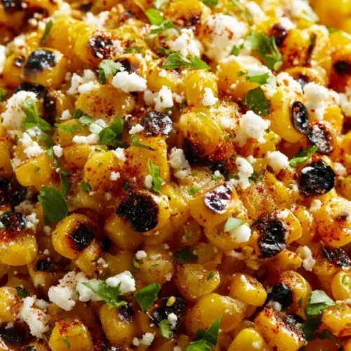 Delicious Blackstone Mexican street corn topped with cheese and spices