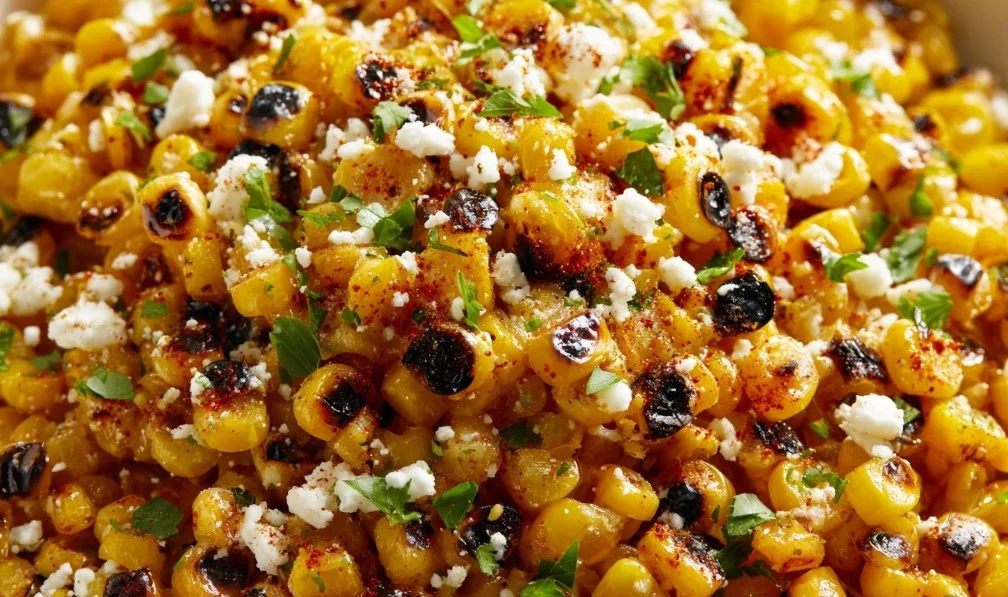 Delicious Blackstone Mexican street corn topped with cheese and spices