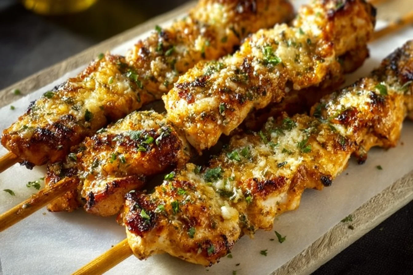 Delicious Ranch Garlic Parmesan Chicken Skewers ready for grilling