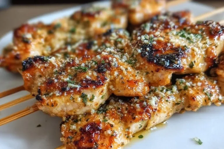 Delicious Ranch Garlic Parmesan Chicken Skewers ready to be grilled