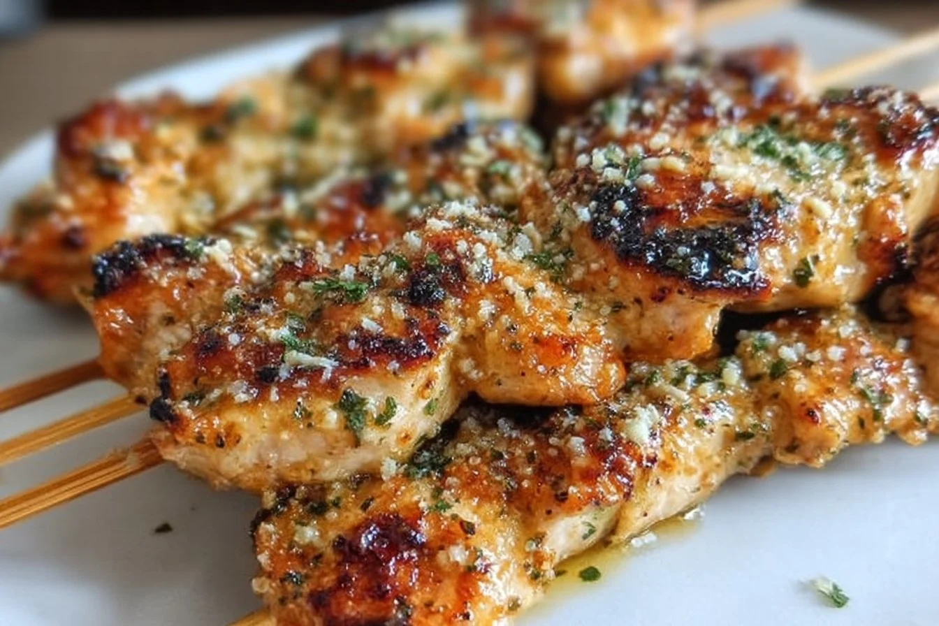 Delicious Ranch Garlic Parmesan Chicken Skewers ready to be grilled