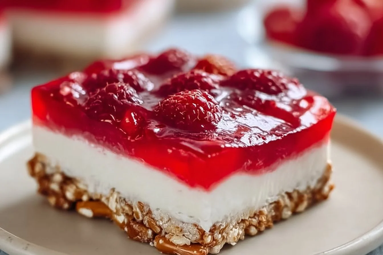 Delicious Raspberry Pretzel Jello Salad served in a bowl
