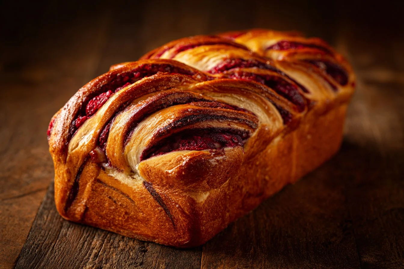Freshly baked raspberry swirl brioche loaf with a golden crust