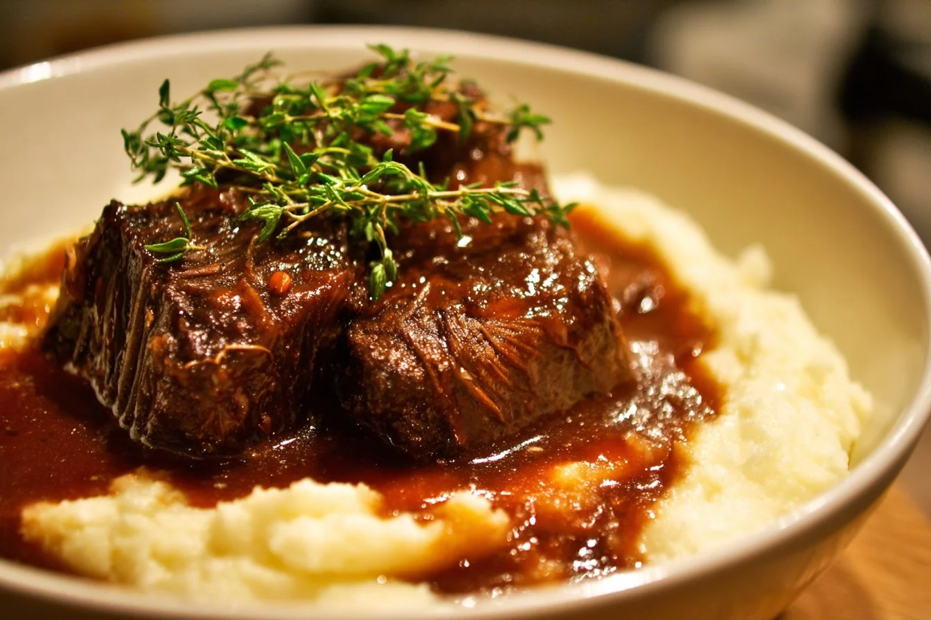 Delicious red wine braised short ribs served with garnishes