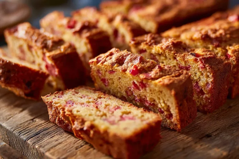 Rhubarb breakfast cake topped with fresh pieces of rhubarb and a sprinkle of sugar
