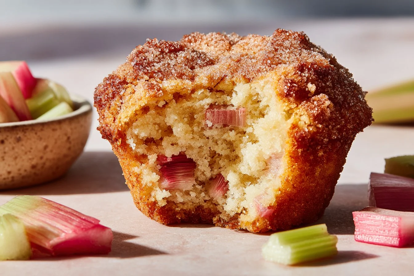 Freshly baked rhubarb muffins, golden brown with a crumbly texture, served on a plate.