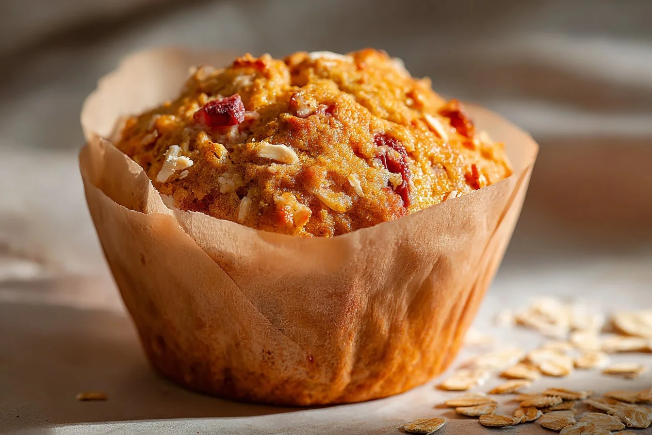 Freshly baked rhubarb oat muffins on a wooden table