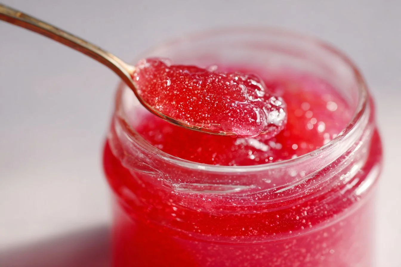 Jar of homemade rhubarb vanilla bean jelly with fresh rhubarb and vanilla beans