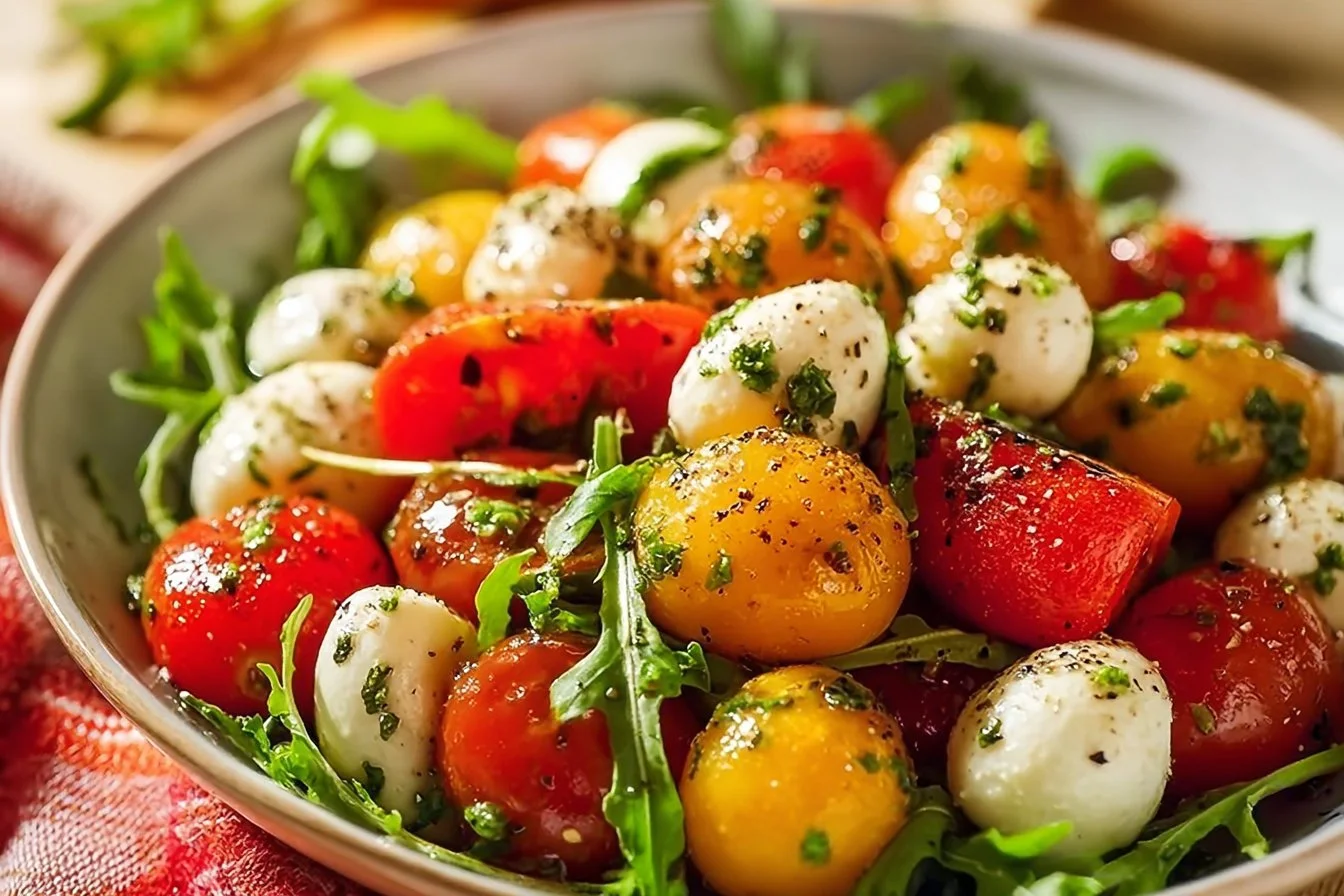 Delicious roasted gnocchi salad with fresh vegetables and dressing
