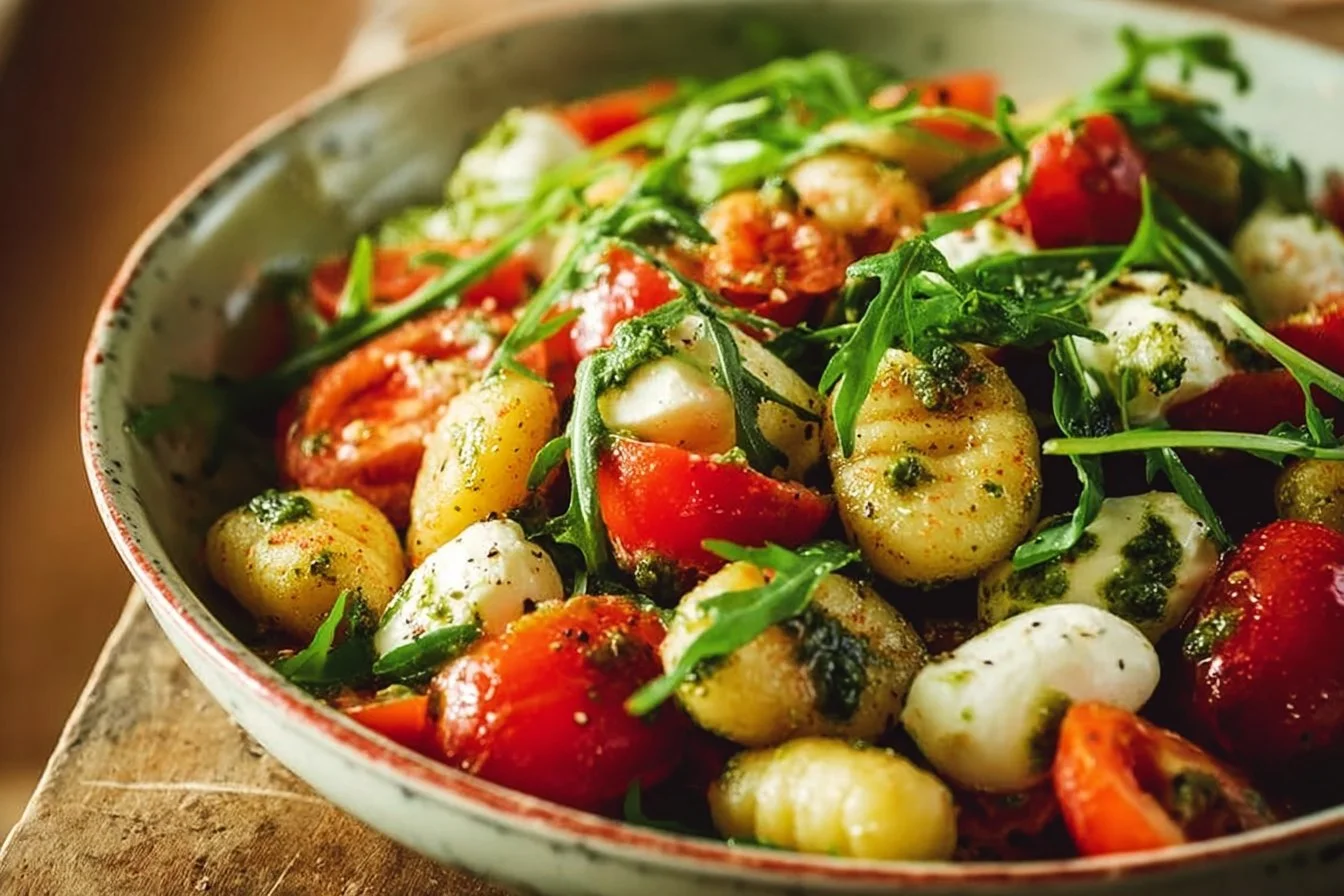 Roasted Gnocchi Salad with Basil Pesto, Tomatoes, Mozzarella, and Arugula