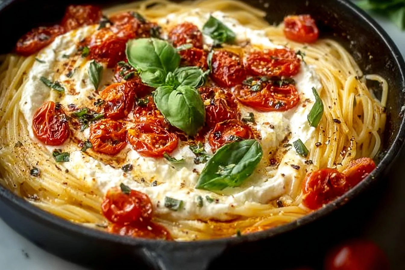 Roasted Tomato and Garlic Ricotta Pasta served in a bowl with fresh basil