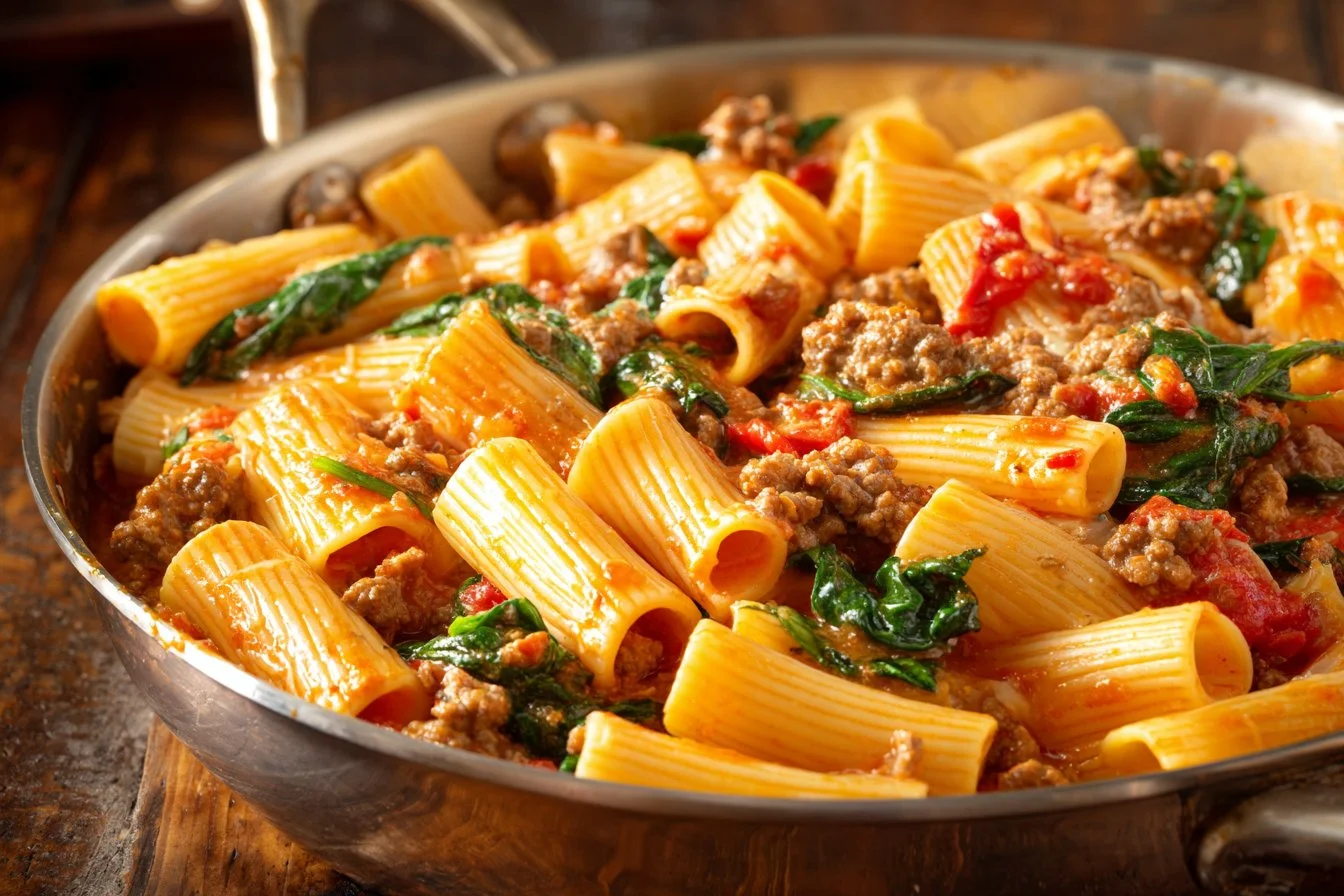 Sausage Rigatoni with Spinach served in a bowl garnished with herbs