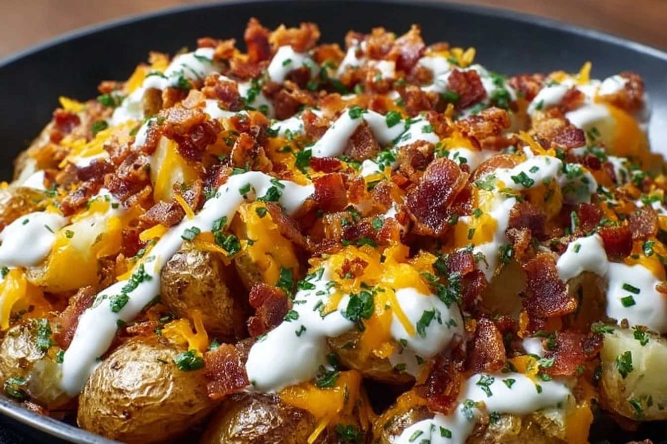 Savory Blackstone Loaded Potatoes served with toppings