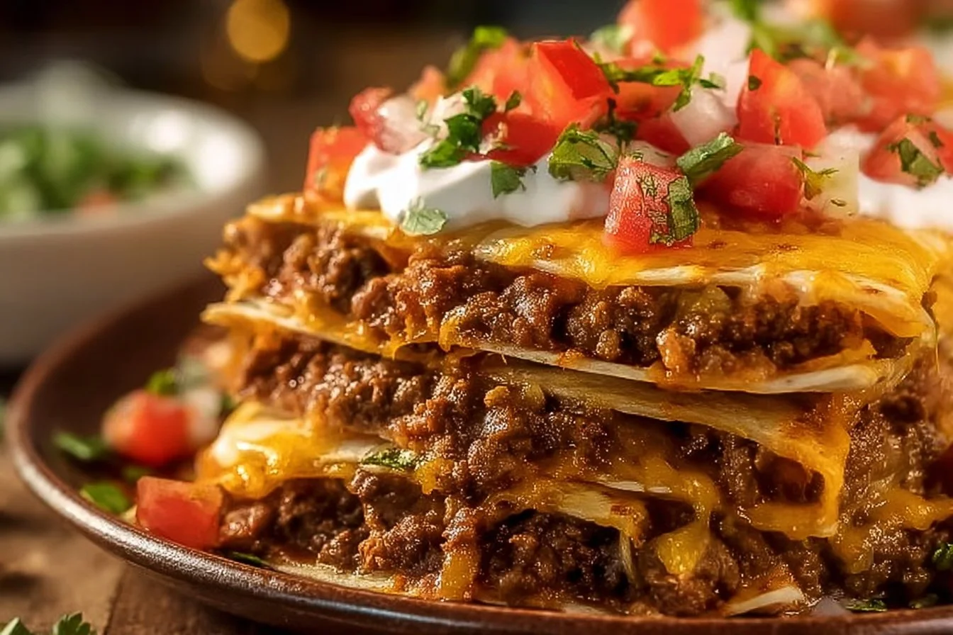 Tray of delicious sheet pan tacos topped with fresh ingredients and toppings