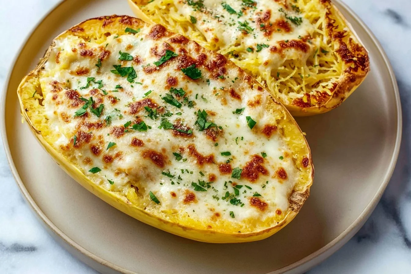Skinny Chicken Alfredo Stuffed Spaghetti Squash on a white plate