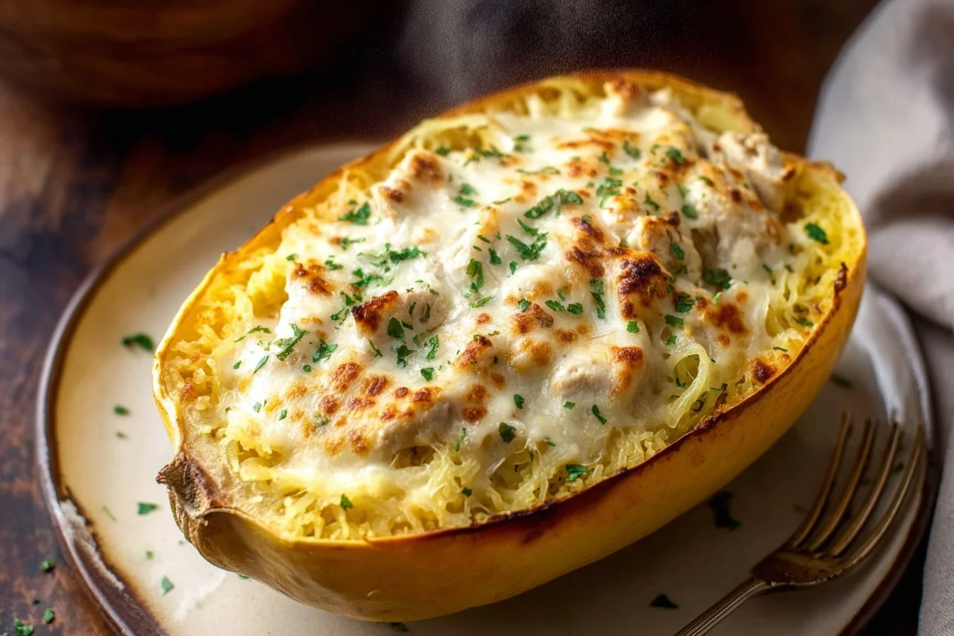 Skinny Chicken Alfredo Stuffed Spaghetti Squash