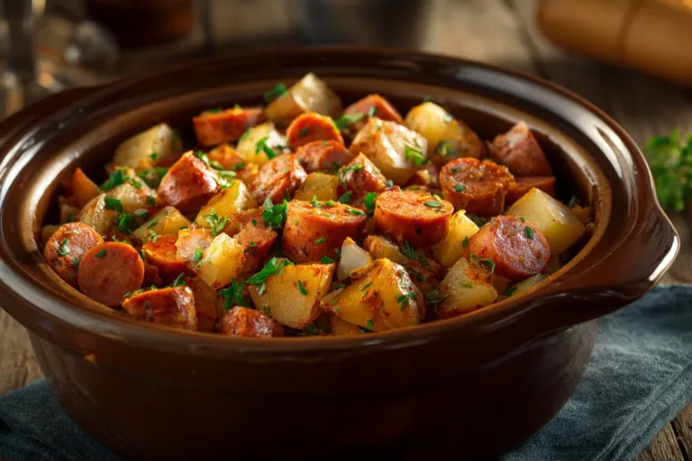 Bowl of slow cooker kielbasa and potatoes with vegetables