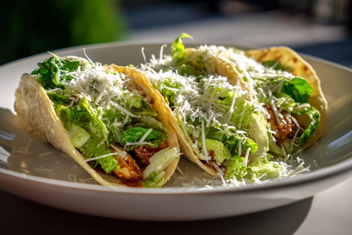 Smash Chicken Caesar Tacos with lettuce and dressing on a wooden table
