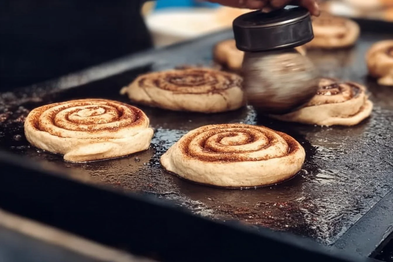 Smashed Blackstone Cinnamon Rolls topped with icing on a plate