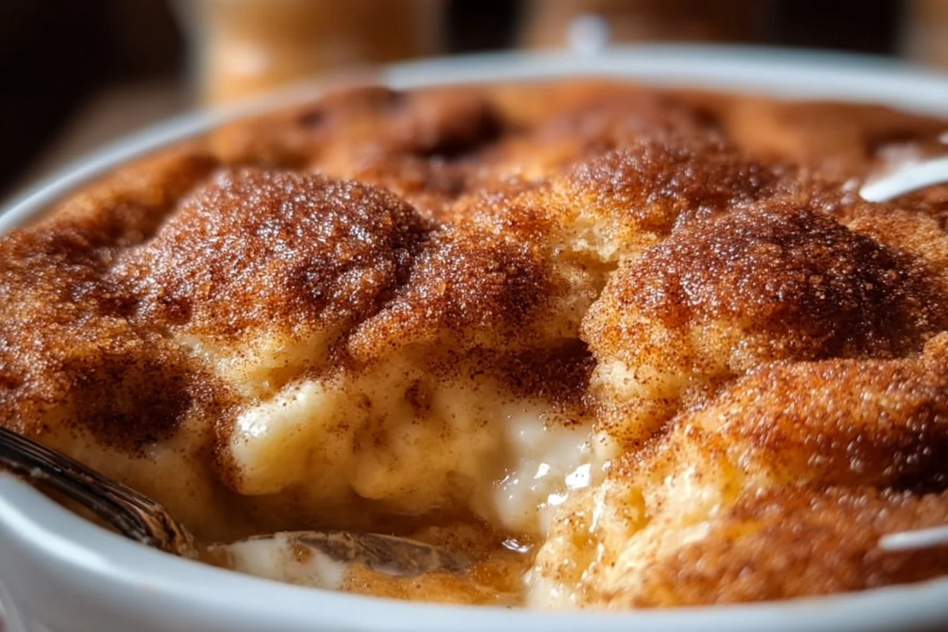 Delicious Snickerdoodle Cobbler served in a baking dish with cinnamon and sugar topping