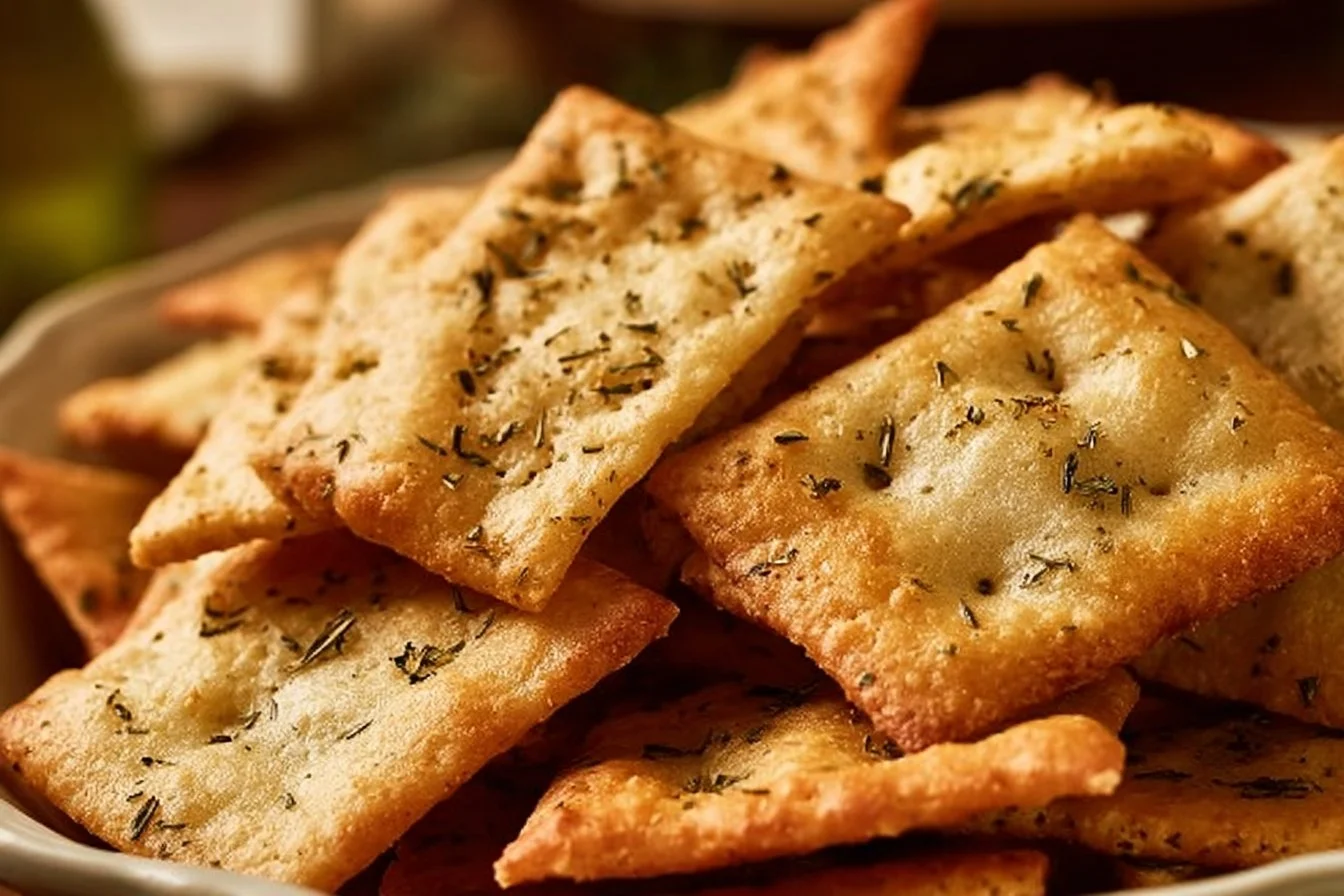 Homemade sourdough discard crackers on a wooden board.