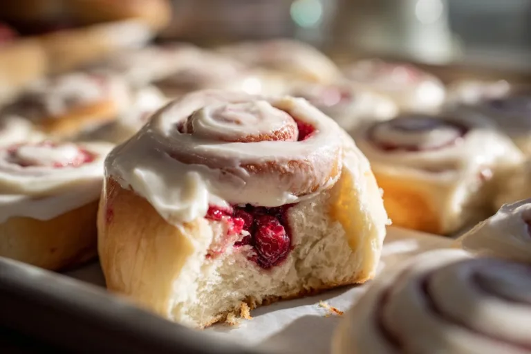Freshly baked sourdough raspberry sweet rolls on a wooden table