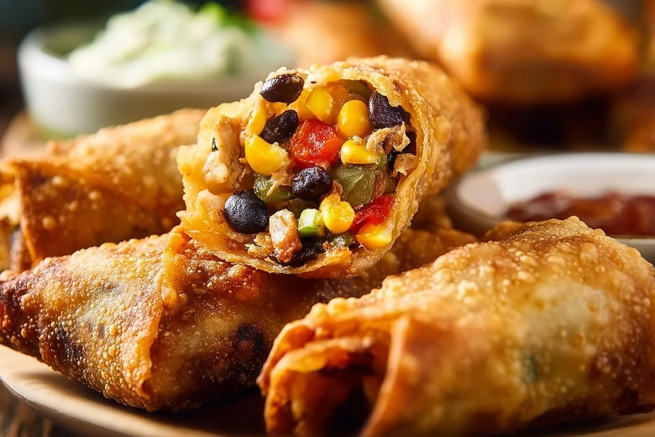 Delicious Southwest chicken egg rolls served with dipping sauce