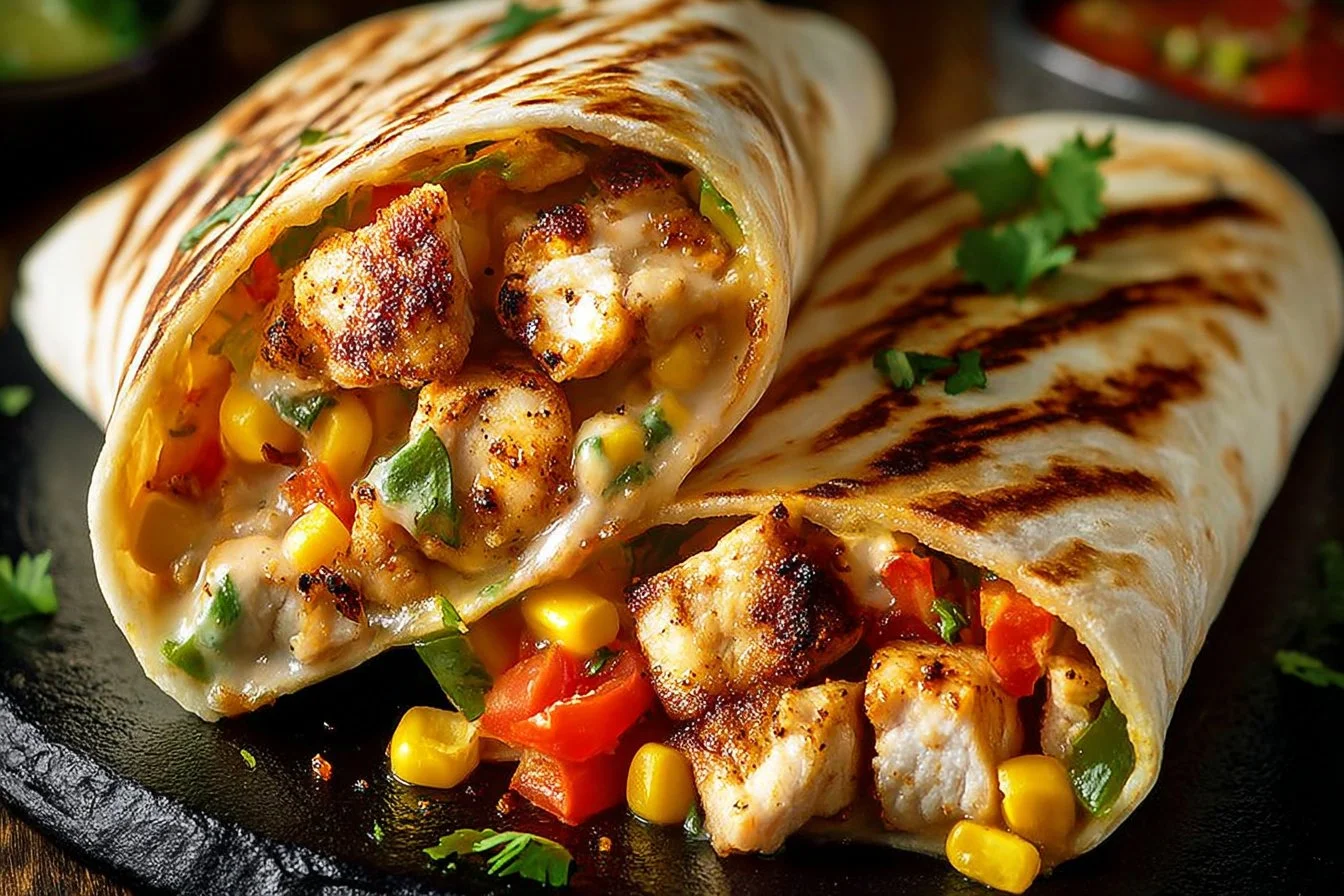Southwest grilled chicken wraps filled with fresh ingredients and spices.