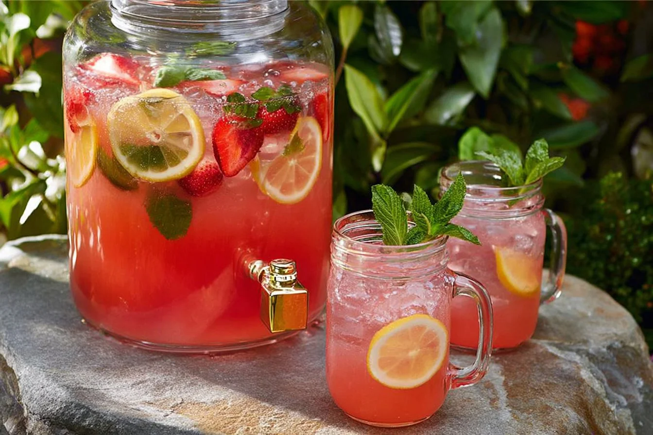 Sparkling lemonades punch in a glass with fresh lemon slices and mint leaves.