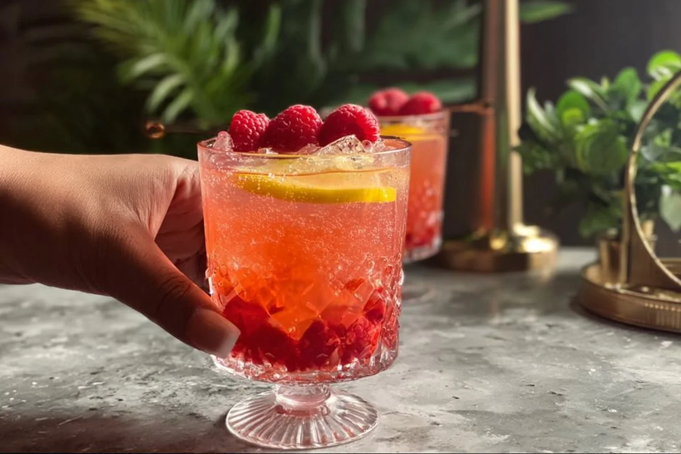 Glass of refreshing Sparkling Raspberry Lemonade with fresh raspberries