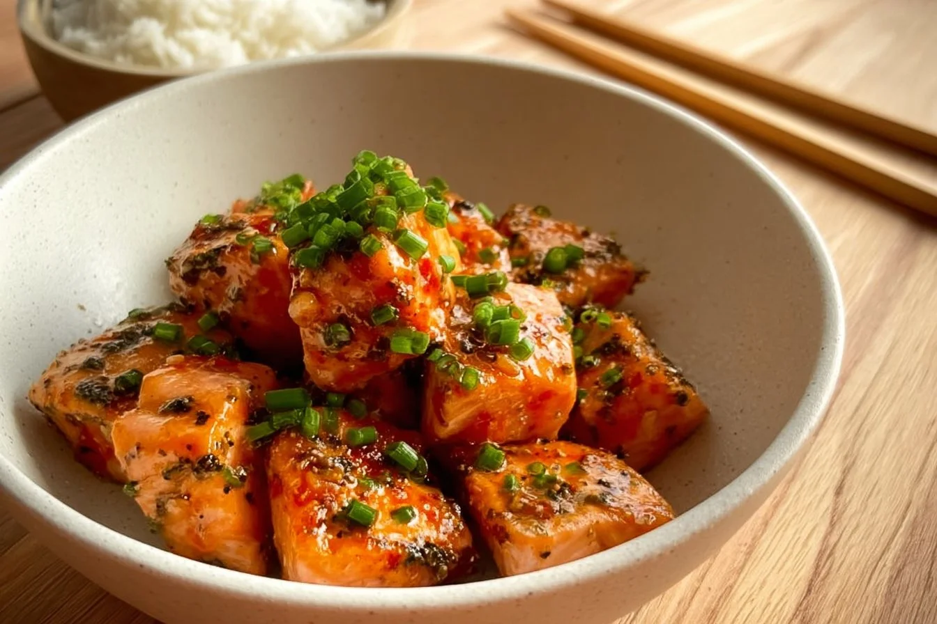 Delicious spicy salmon bites served on a platter