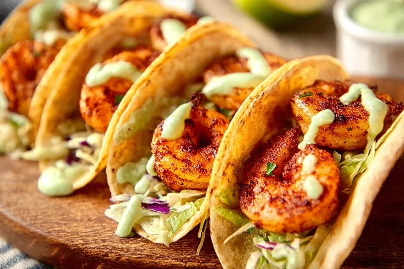 Delicious spicy shrimp tacos topped with fresh ingredients on a wooden table