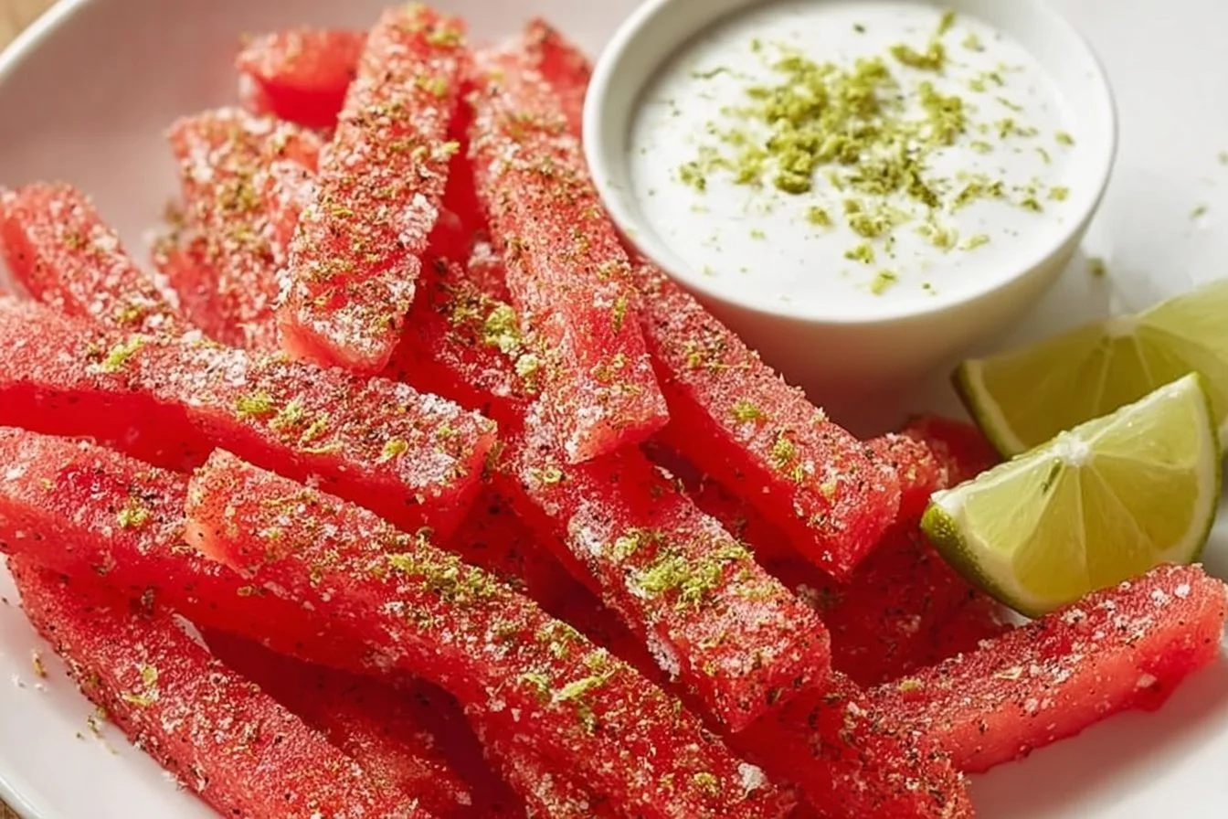 Plate of spicy watermelon fries garnished with herbs and spices