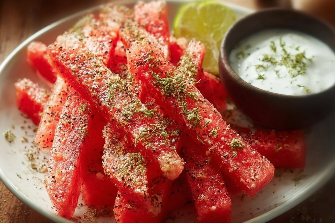 Spicy Watermelon Fries with Coconut Lime Dipping Sauce