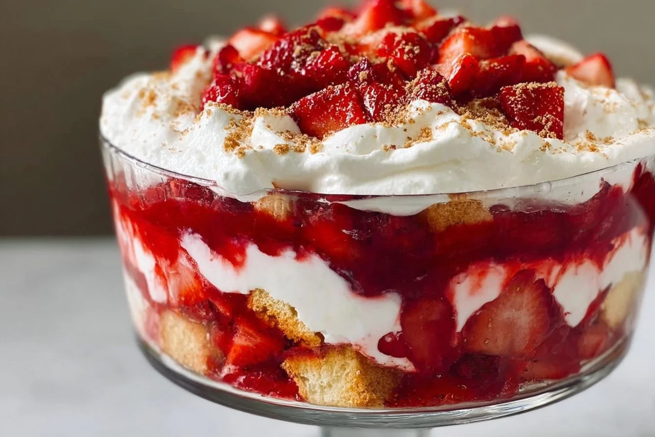 A bowl of Strawberry Angel Fluff dessert garnished with fresh strawberries