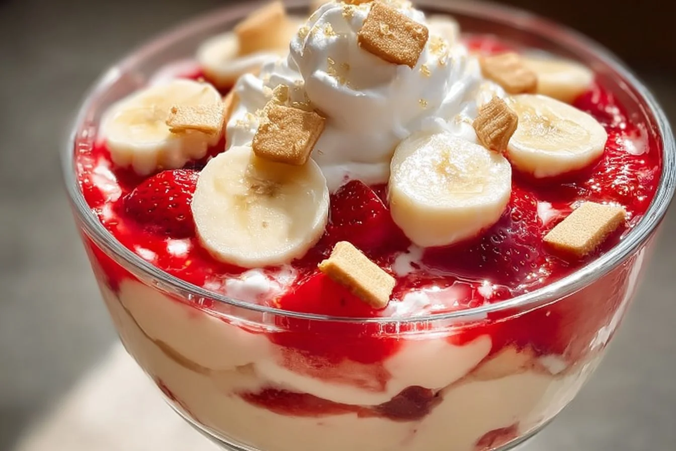 A delicious serving of strawberry banana pudding topped with fresh strawberries and bananas.