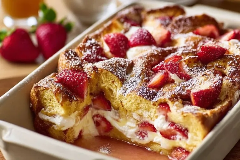 Delicious Strawberry Cream Cheese French Toast topped with fresh strawberries.