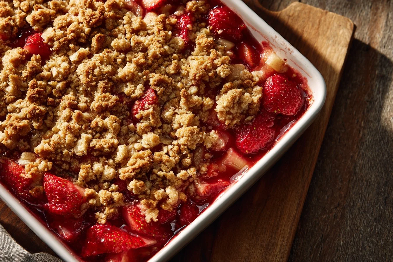 Freshly baked Strawberry Rhubarb Crisp with a golden oat topping