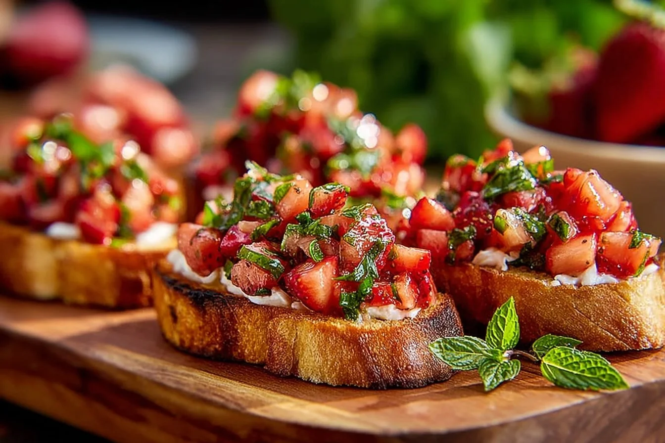 Delicious Strawberry Ricotta Bruschetta on toasted bread, topped with fresh strawberries.