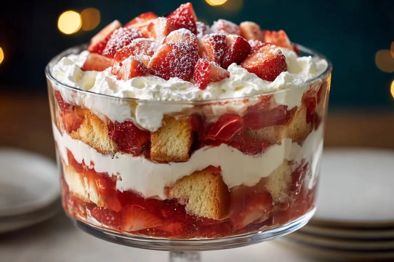 Delicious Strawberry Shortcake Trifle with layers of strawberries and cream