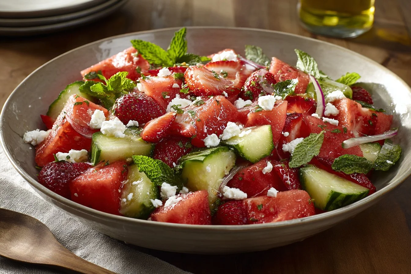 Fresh Strawberry Watermelon Cucumber Salad in a bowl