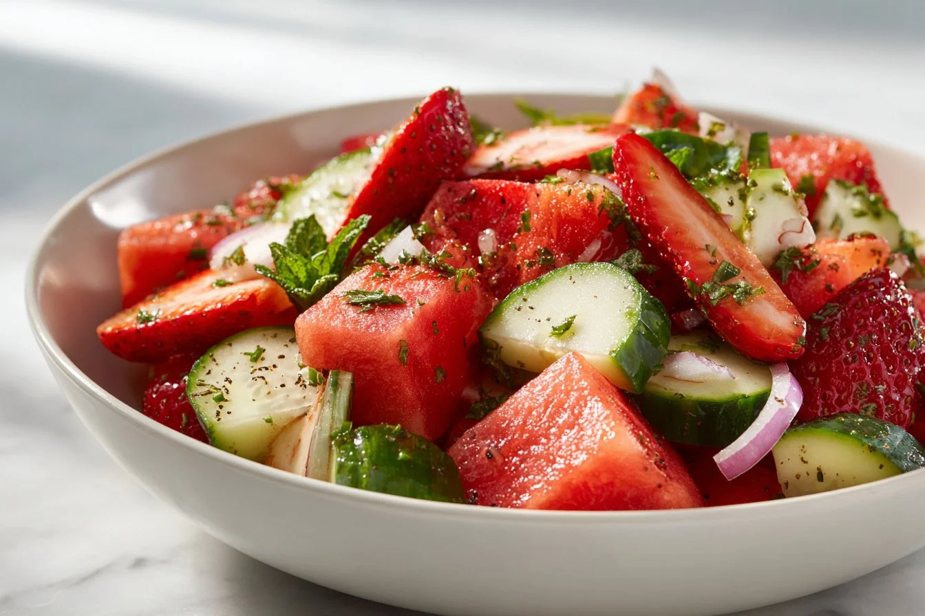 Strawberry Watermelon Feta Salad with fresh strawberries and watermelon cubes