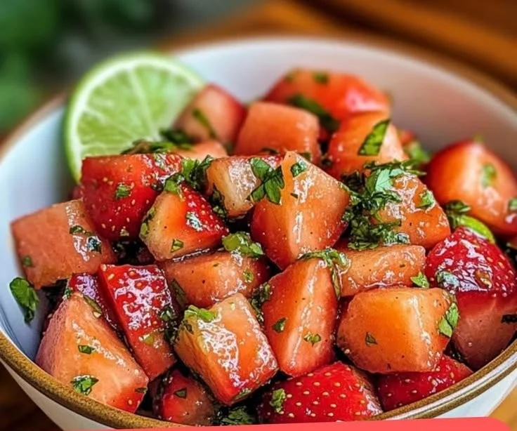 Refreshing strawberry watermelon salad with honey dressing