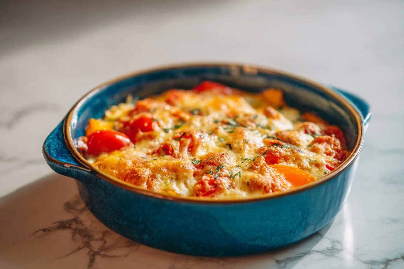 Delicious stuffed pepper casserole dish with colorful peppers and melted cheese