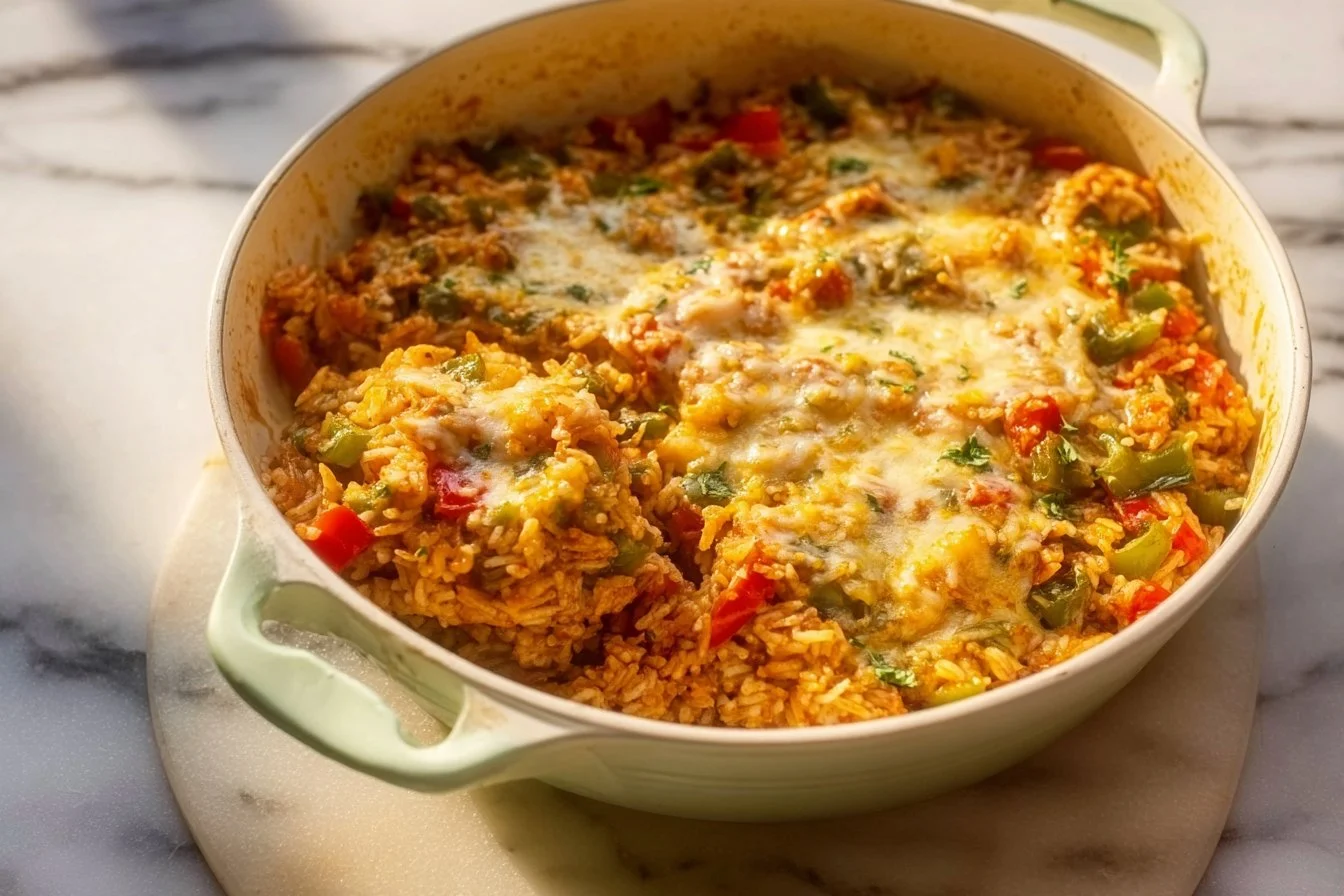 A delicious stuffed pepper casserole topped with cheese and fresh herbs.