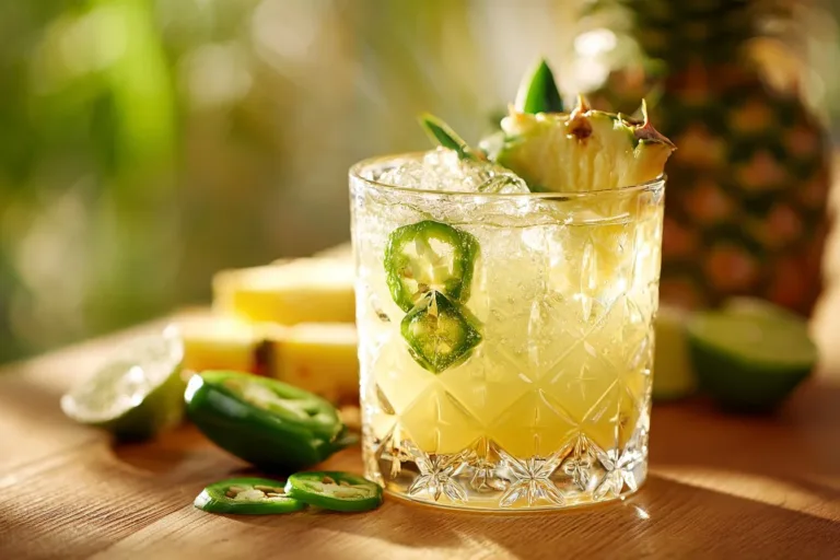 Pineapple Jalapeno Margarita served in a glass with garnishes